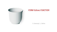 Plain white cup and the saying Form Follows Function in red letters on right side of cup by Horatio Greenough.