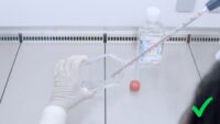 Phosphate buffered saline or PBS is pipetted into or out of a T75 cell culture flask in a laminar hood, wearing gloves and a white lab coat in front of a bottle with PBS.