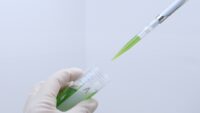 50 ml tube with green liquid held by hand wearing sterile gloves and P1000 micropipette loaded with green liquid.