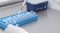 Small volumes are pipetted into microcentrifuge tubes with a micropipette in a blue rack in front of a tip box in the laminar hood.