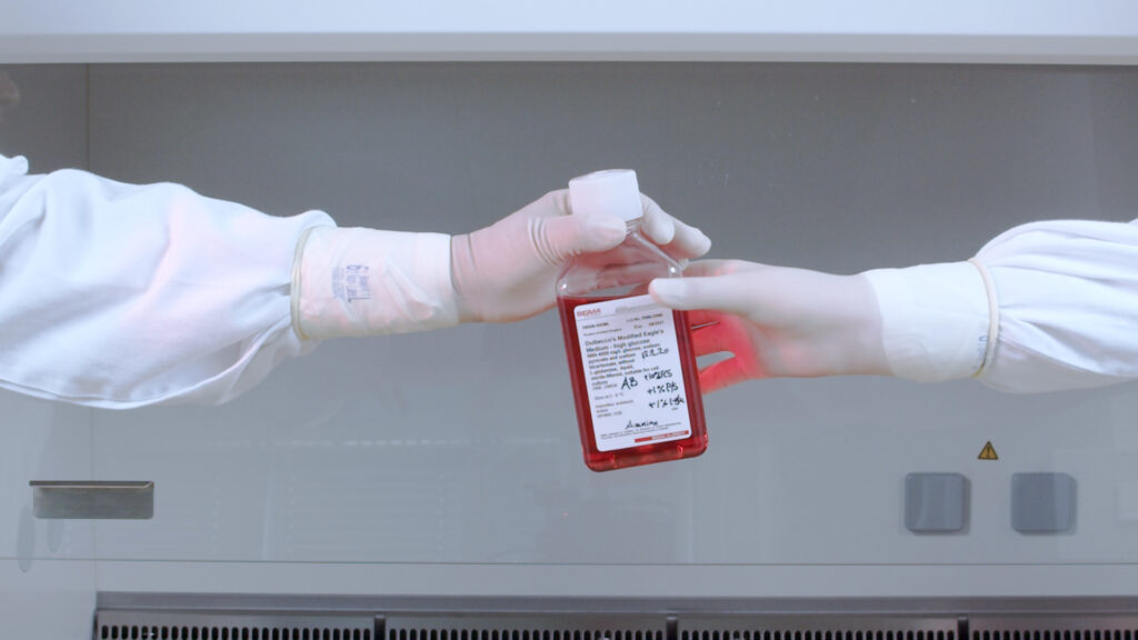 One person passing cell culture medium in a bottle to another person in the lab both wearing white lab coats.