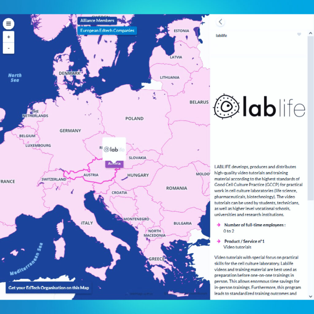 Pink-coloured map of Austria showing black and white lablife gmbh logo located in Vienna among many other EdTech companies.