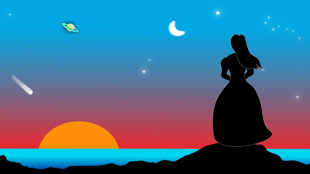 silhouette of woman absorbed in thought, rising or setting sun in background, blue and orange sky, moon, stars and a comet.