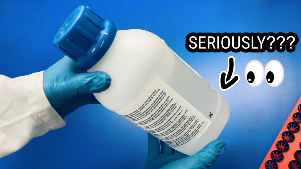 White plastic bottle in front of a blue background, black and white arrow and letters saying “seriously?“ and a pair of cartoon eyes.