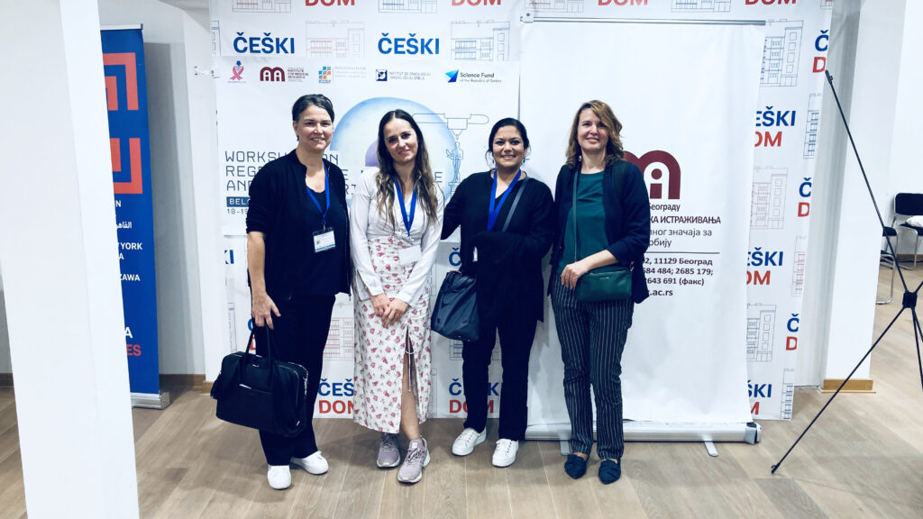 Adelheid Weidinger, Hristina Obradovic, Asmita Banerjee and Alexandra Jaukovic in front of Workshop on Regenerative and 3D printing workshop in Belgrade Poster.