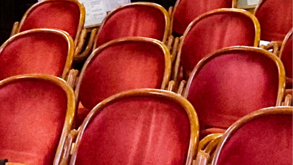 Lecture hall of a conference in life science sector in Vienna, with neat rows of chairs, upholstered with deep red velvet.