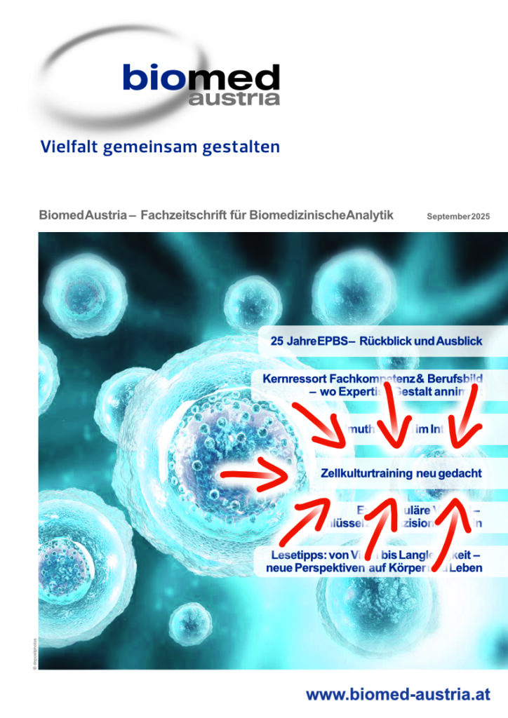 front cover of Journal of Biomed Austria with spherical structures resembling extracellular vesicles in bluish-green colours.