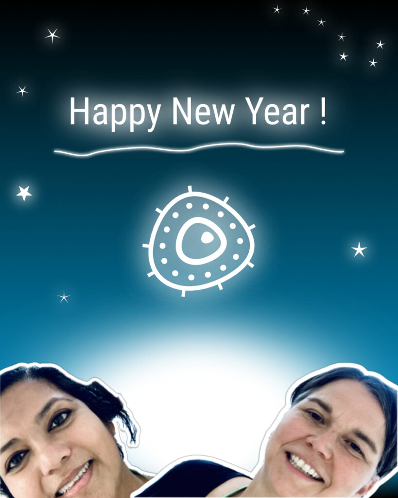 Asmita Banerjee and Adelheid Weidinger wearing black T-shirt in front of lablife Happy New Year poster.