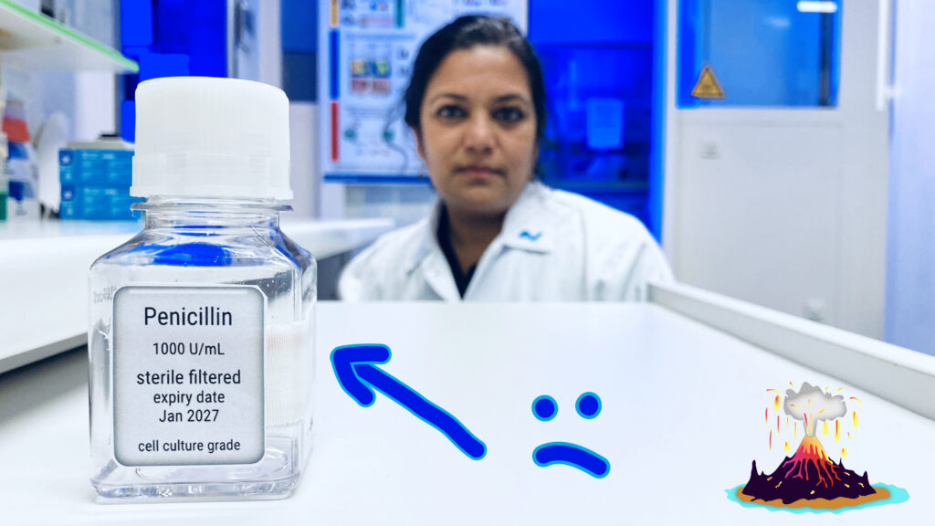 Image showing Asmita Banerjee in white lab coat looking at penicillin bottle and comic vulcano.