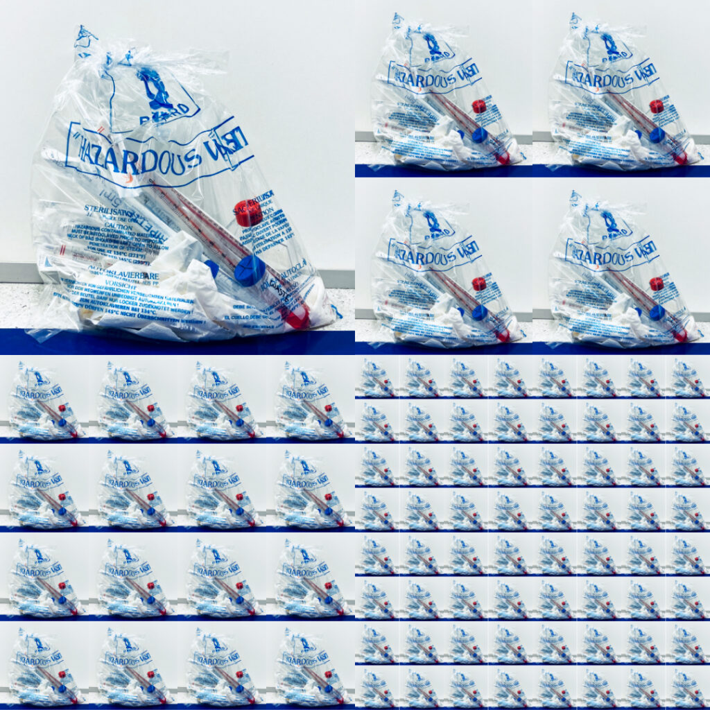 One transparent autoclave bag with trash, four bags, 16 bags, 64 bags.