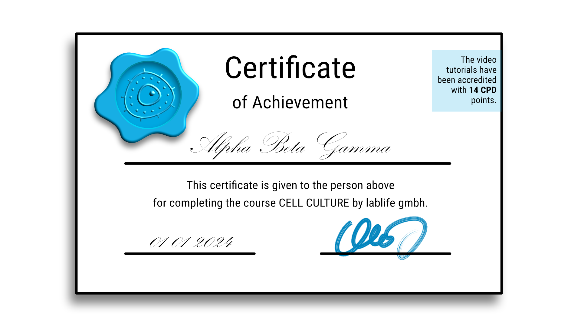 lablife-certificate-with-CPD-points Lablife certificate with blue logo on white background with confirmation of passing the exam.