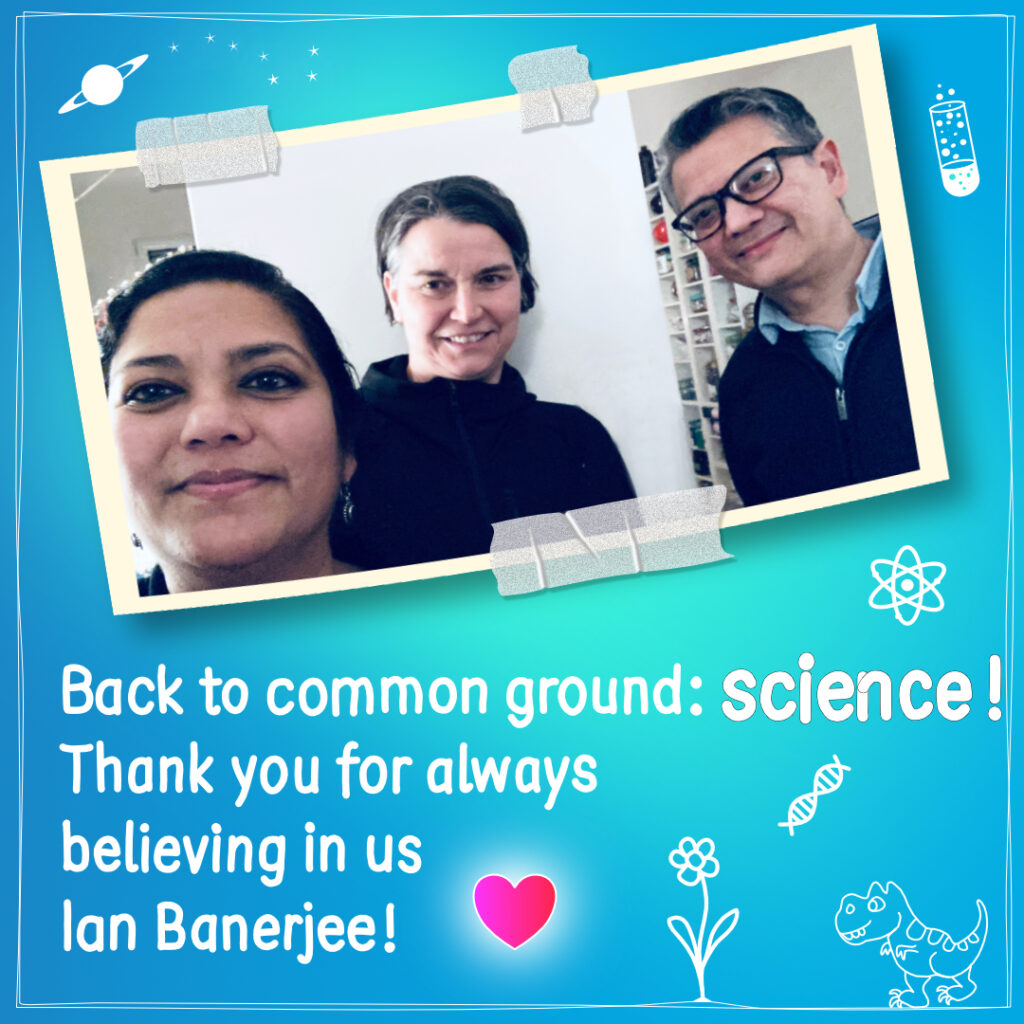 Asmita, Adelheid and Ian on blue background and scientific cartoons around the picture, such as DNA, dinosaur, flower, test tube, stars and saturn.