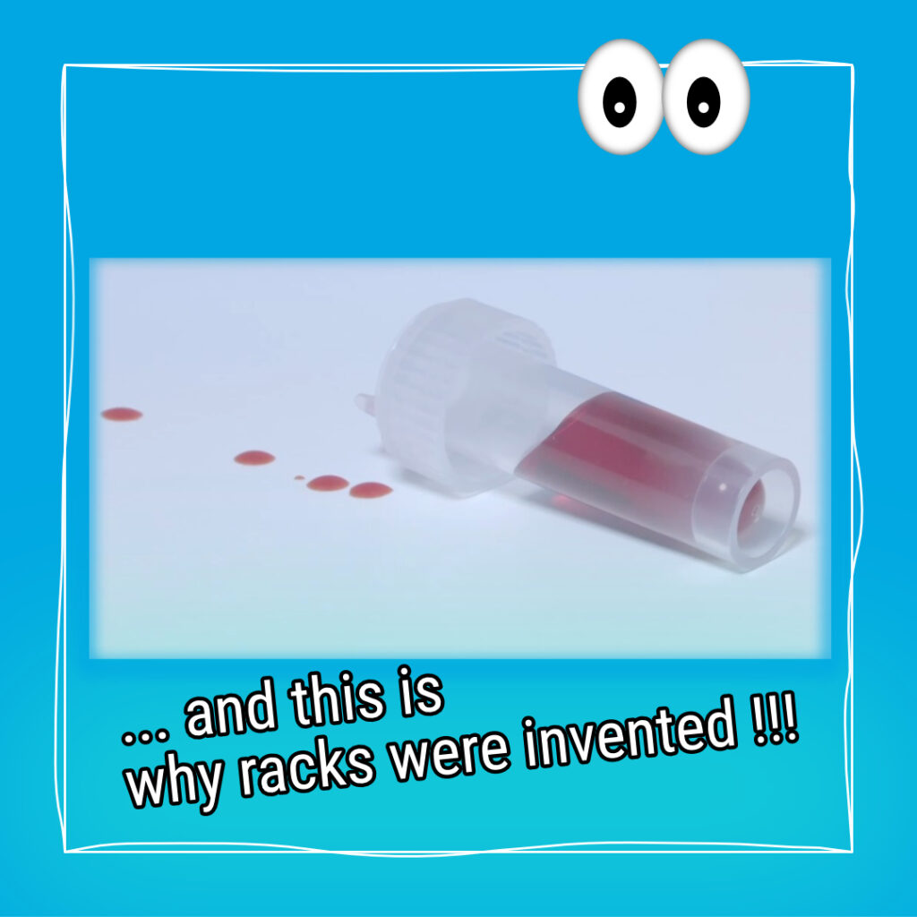 Picture of 2 mL tube on blue-green background fallen over and red liquid spilled all over the workspace, cartoon eyes looking into the “camera”.